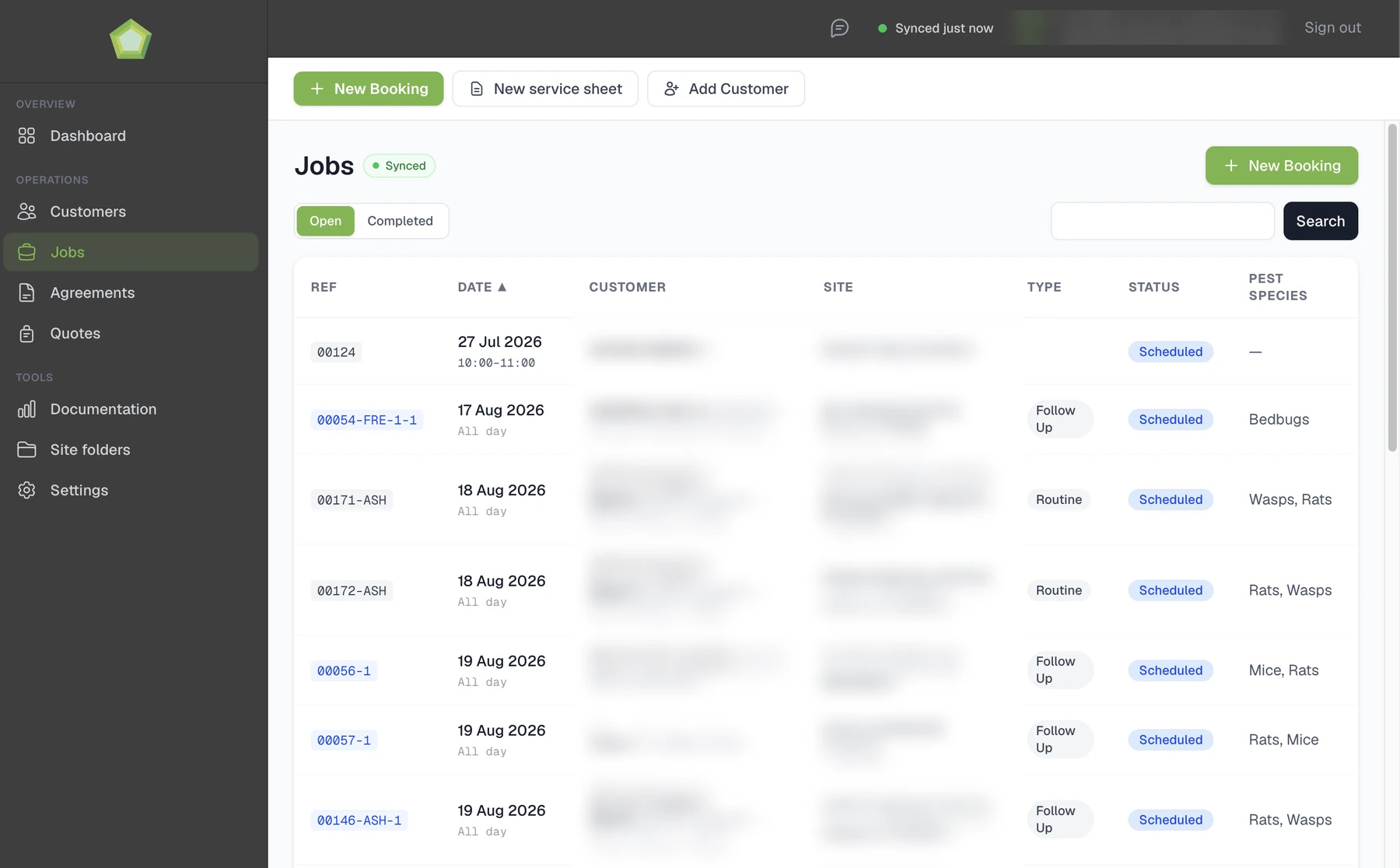 The GEM CRM jobs list, showing each visit by reference, date, type, status and pest species. Customer and site details are obscured.