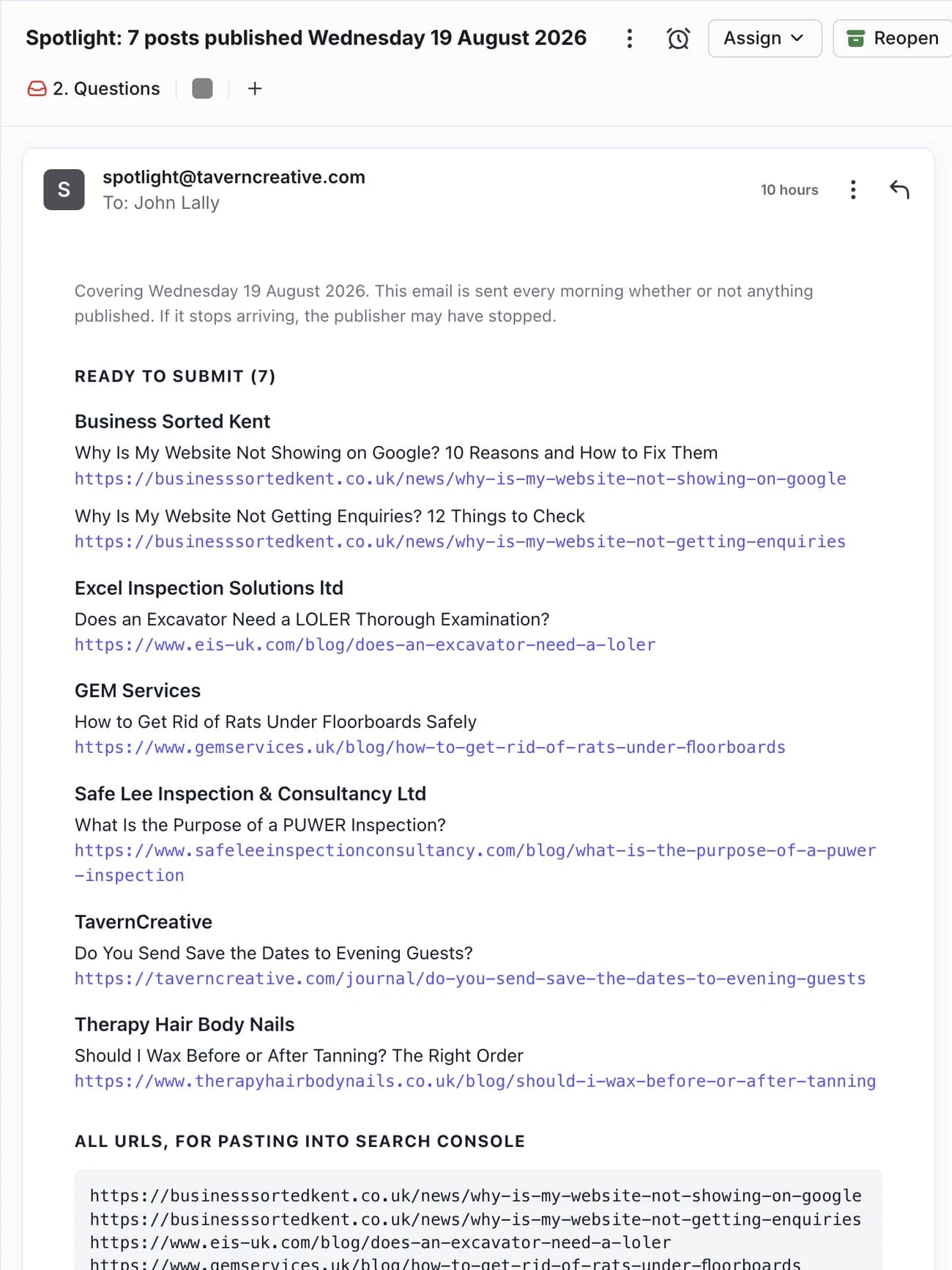 The Spotlight next-day digest listing each published post with the URLs ready to submit to Search Console.